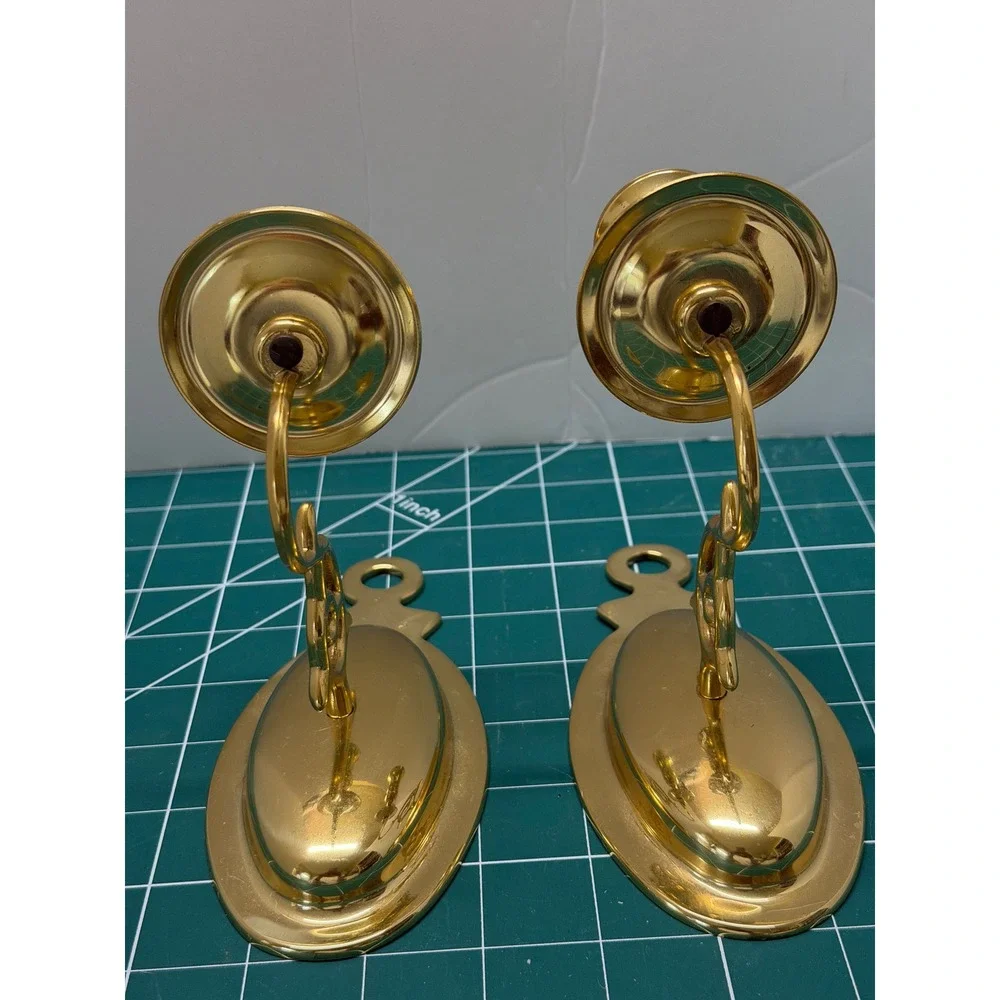 Vintage Solid Brass Wall Sconce‎ Candle Holders Pair Oval Polished Gold Tone 7